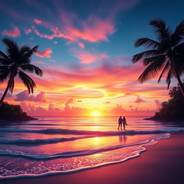 A stunning digital artwork of a vibrant sunset over a tranquil beach, featuring waves gently lapping at the shore, with reflections of the colorful sky on the water