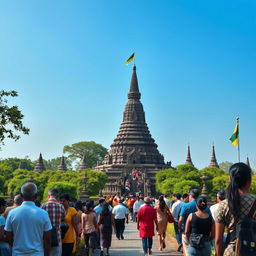 A stunning view of the ancient stupas of Anuradhapura district, surrounded by lush greenery and a clear blue sky