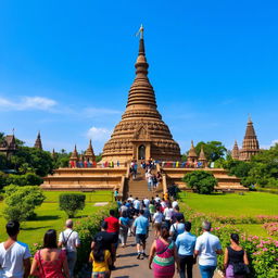 A stunning view of the ancient stupas of Anuradhapura district, surrounded by lush greenery and a clear blue sky