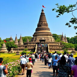 A stunning view of the ancient stupas of Anuradhapura district, surrounded by lush greenery and a clear blue sky