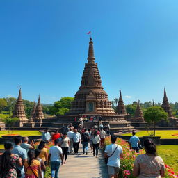 A stunning view of the ancient stupas of Anuradhapura district, surrounded by lush greenery and a clear blue sky