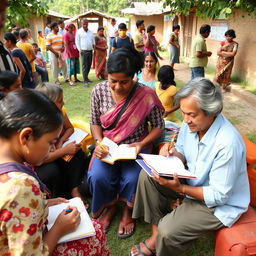 An ethnographic study scene depicting a diverse community engaged in daily activities