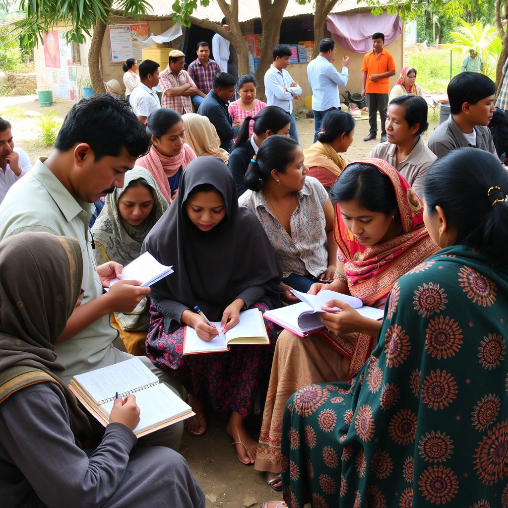 An ethnographic study scene depicting a diverse community engaged in daily activities