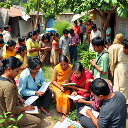 An ethnographic study scene depicting a diverse community engaged in daily activities