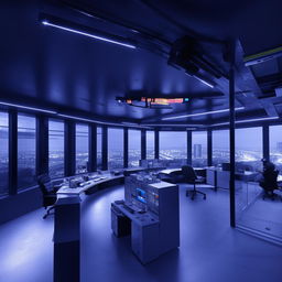 A SWAT control room-styled glass penthouse office, drawing architectural elements from the example illustrated in the provided link.