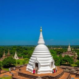An expansive view of the majestic stupas in Anuradhapura district, Sri Lanka, particularly highlighting the famous Ruwanwelisaya stupa, surrounded by lush greenery and a perfectly clear blue sky