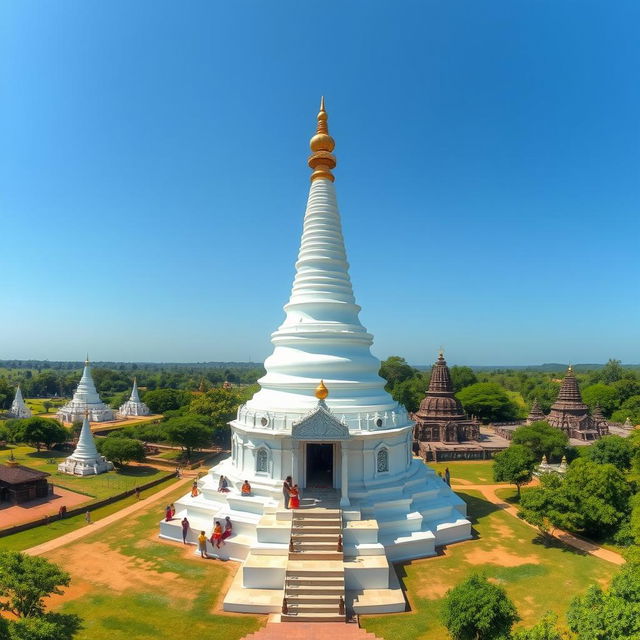 An expansive view of the majestic stupas in Anuradhapura district, Sri Lanka, particularly highlighting the famous Ruwanwelisaya stupa, surrounded by lush greenery and a perfectly clear blue sky