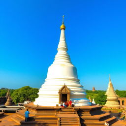 An expansive view of the majestic stupas in Anuradhapura district, Sri Lanka, particularly highlighting the famous Ruwanwelisaya stupa, surrounded by lush greenery and a perfectly clear blue sky