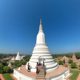 An expansive view of the majestic stupas in Anuradhapura district, Sri Lanka, particularly highlighting the famous Ruwanwelisaya stupa, surrounded by lush greenery and a perfectly clear blue sky