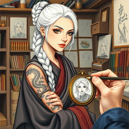 A colored pencil illustration featuring a woman in her early thirties with striking white hair styled in a braid, adorned with intricate dragon tattoos spiraling down her arm