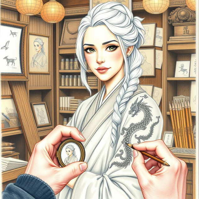 A colored pencil illustration featuring a woman in her early thirties with striking white hair styled in a braid, adorned with intricate dragon tattoos spiraling down her arm