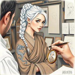 A colored pencil illustration featuring a woman in her early thirties with striking white hair styled in a braid, adorned with intricate dragon tattoos spiraling down her arm