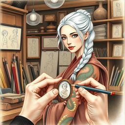 A colored pencil illustration featuring a woman in her early thirties with striking white hair styled in a braid, adorned with intricate dragon tattoos spiraling down her arm