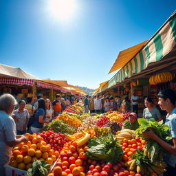 A vivid and bright scene of a bustling fruit market filled with an array of colorful fruits and vegetables
