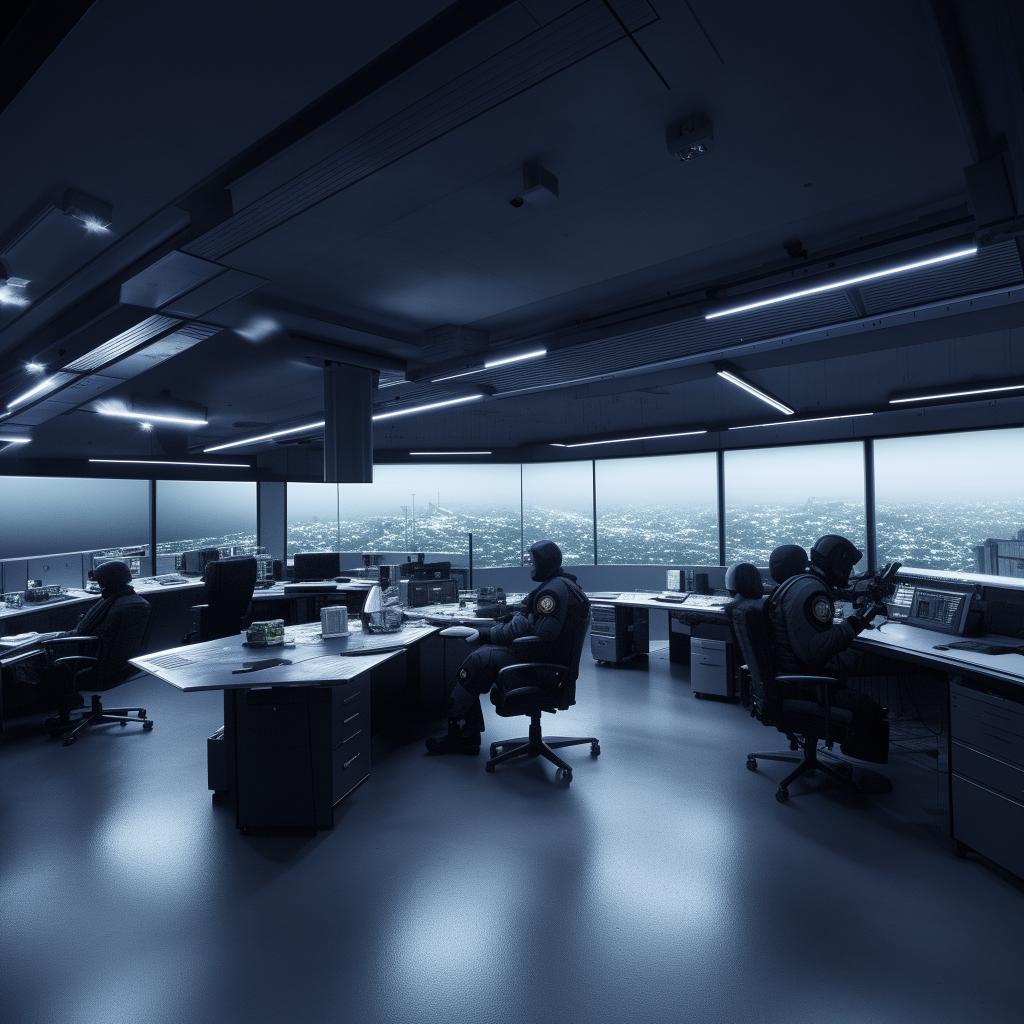 A SWAT control room-styled glass penthouse office, drawing architectural elements from the example illustrated in the provided link.