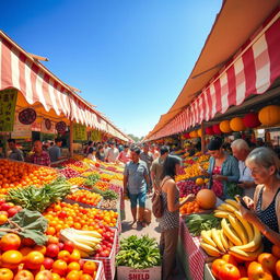 A vivid and bright scene of a bustling fruit market filled with an array of colorful fruits and vegetables