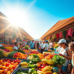 A vivid and bright scene of a bustling fruit market filled with an array of colorful fruits and vegetables