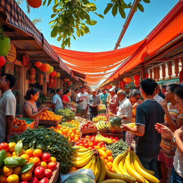 A vivid and bright scene of a bustling fruit market filled with an array of colorful fruits and vegetables