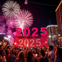 A colorful and festive New Year celebration for 2025, with vibrant fireworks illuminating the night sky over a cityscape