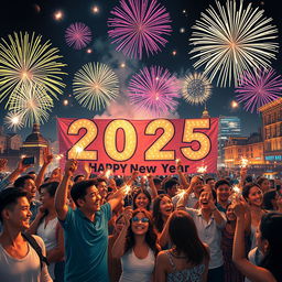 A colorful and festive New Year celebration for 2025, with vibrant fireworks illuminating the night sky over a cityscape