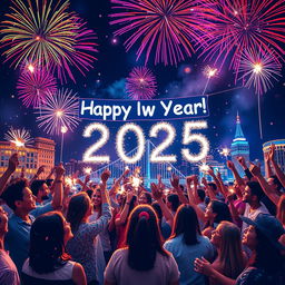 A colorful and festive New Year celebration for 2025, with vibrant fireworks illuminating the night sky over a cityscape