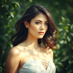 A beautiful and artistic portrayal of a woman in a serene outdoor setting