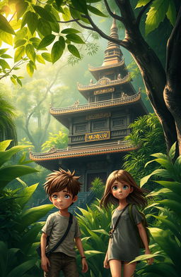 A stunning digital painting of a serene Buddhist temple pagoda nestled deep within a lush, verdant jungle