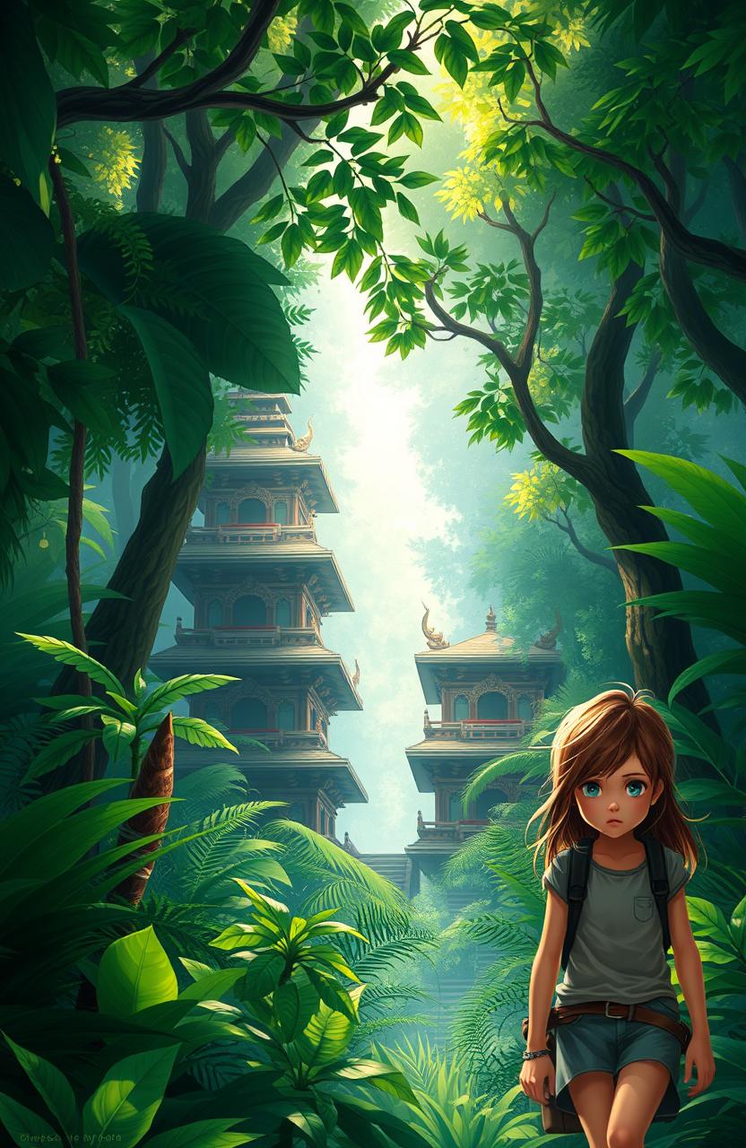 A stunning digital painting of a serene Buddhist temple pagoda nestled deep within a lush, verdant jungle