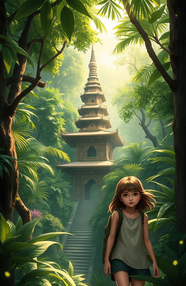 A stunning digital painting of a serene Buddhist temple pagoda nestled deep within a lush, verdant jungle