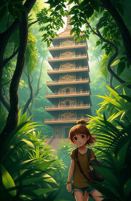 A stunning digital painting of a serene Buddhist temple pagoda nestled deep within a lush, verdant jungle