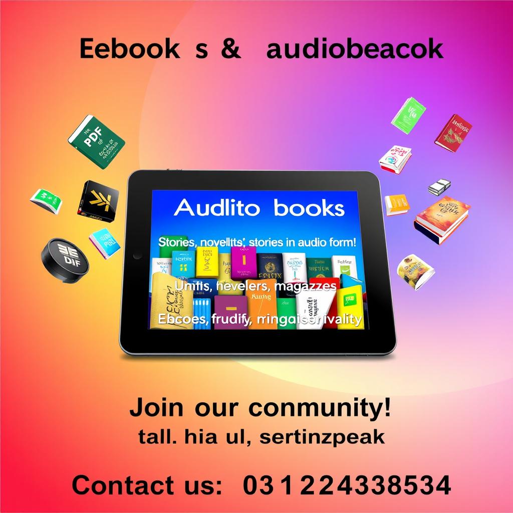 A vibrant and eye-catching graphic design image promoting an eBook and audiobook store