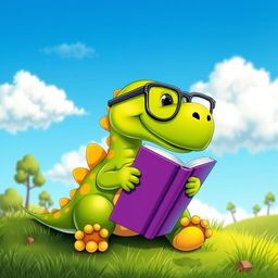 A playful cartoon dinosaur sitting on a grassy hill, holding a colorful book in its tiny hands, looking intently at the pages as it reads