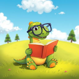 A playful cartoon dinosaur sitting on a grassy hill, holding a colorful book in its tiny hands, looking intently at the pages as it reads