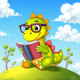 A playful cartoon dinosaur sitting on a grassy hill, holding a colorful book in its tiny hands, looking intently at the pages as it reads