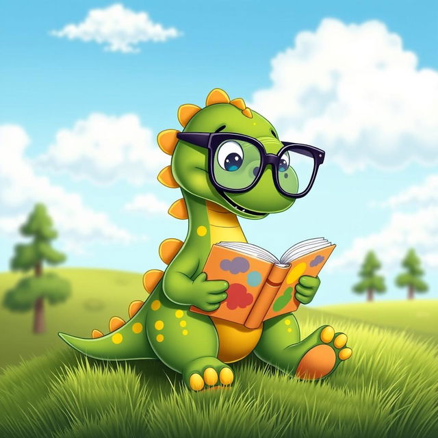 A playful cartoon dinosaur sitting on a grassy hill, holding a colorful book in its tiny hands, looking intently at the pages as it reads