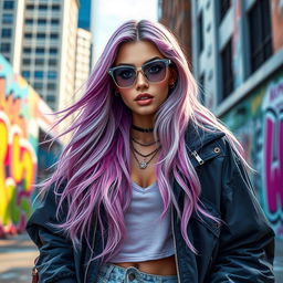 A hyper-realistic digital portrait of a fashionable young woman who embodies the 'influencer' style, featuring long flowing hair dyed in pastel colors, wearing trendy streetwear with oversized jackets and stylish sneakers