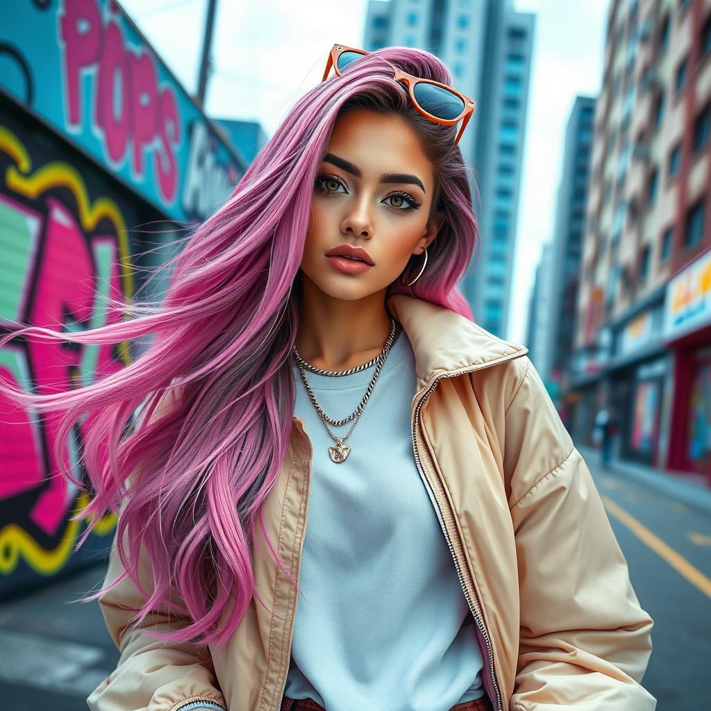 A hyper-realistic digital portrait of a fashionable young woman who embodies the 'influencer' style, featuring long flowing hair dyed in pastel colors, wearing trendy streetwear with oversized jackets and stylish sneakers