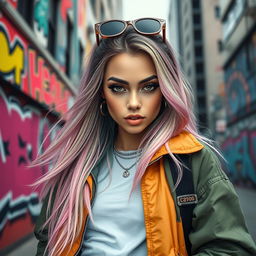 A hyper-realistic digital portrait of a fashionable young woman who embodies the 'influencer' style, featuring long flowing hair dyed in pastel colors, wearing trendy streetwear with oversized jackets and stylish sneakers
