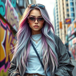 A hyper-realistic digital portrait of a fashionable young woman who embodies the 'influencer' style, featuring long flowing hair dyed in pastel colors, wearing trendy streetwear with oversized jackets and stylish sneakers
