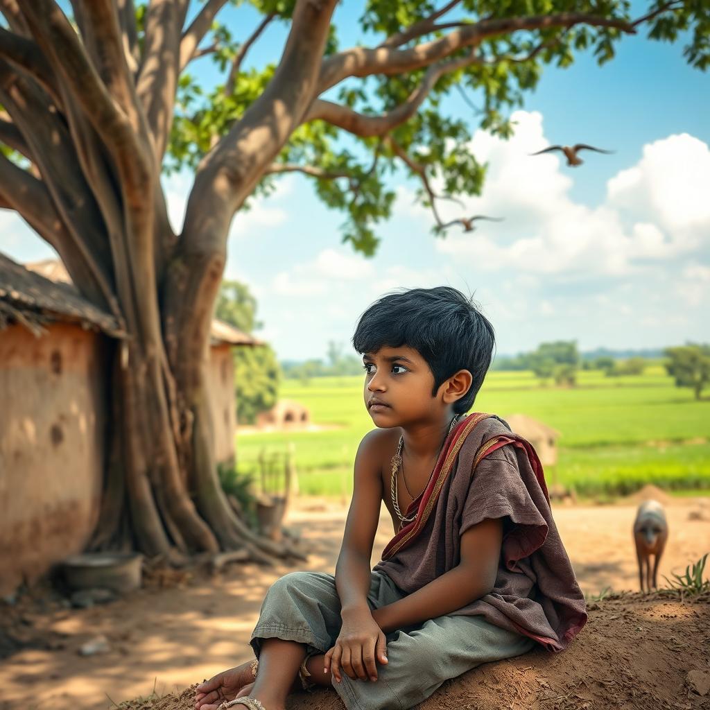 A young Indian boy from a rural village, wearing simple and worn clothing, sitting under a large banyan tree, looking thoughtfully into the distance