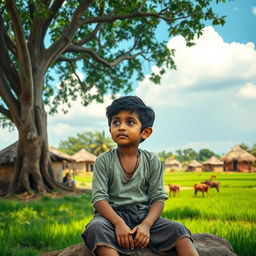 A young Indian boy from a rural village, wearing simple and worn clothing, sitting under a large banyan tree, looking thoughtfully into the distance