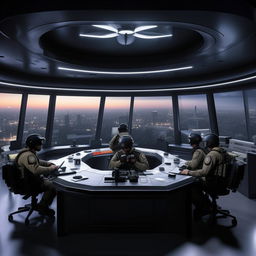 A glass penthouse office designed as a SWAT control room, accommodating five officers seated, structured according to the design elements in the provided link.