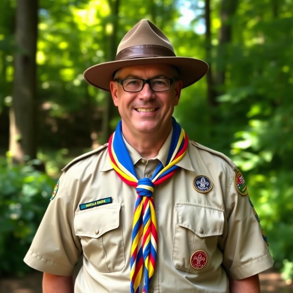 A well-dressed scout leader in full scout attire, showcasing a neat and organized uniform complete with a neckerchief, badge patches, and a hat