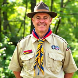 A well-dressed scout leader in full scout attire, showcasing a neat and organized uniform complete with a neckerchief, badge patches, and a hat