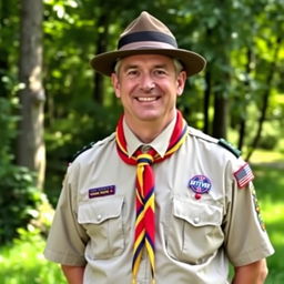 A well-dressed scout leader in full scout attire, showcasing a neat and organized uniform complete with a neckerchief, badge patches, and a hat