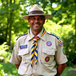 A well-dressed scout leader in full scout attire, showcasing a neat and organized uniform complete with a neckerchief, badge patches, and a hat