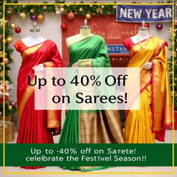 An advertisement promoting a Christmas and New Year sale on sarees with discounts of up to 40%