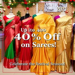 An advertisement promoting a Christmas and New Year sale on sarees with discounts of up to 40%