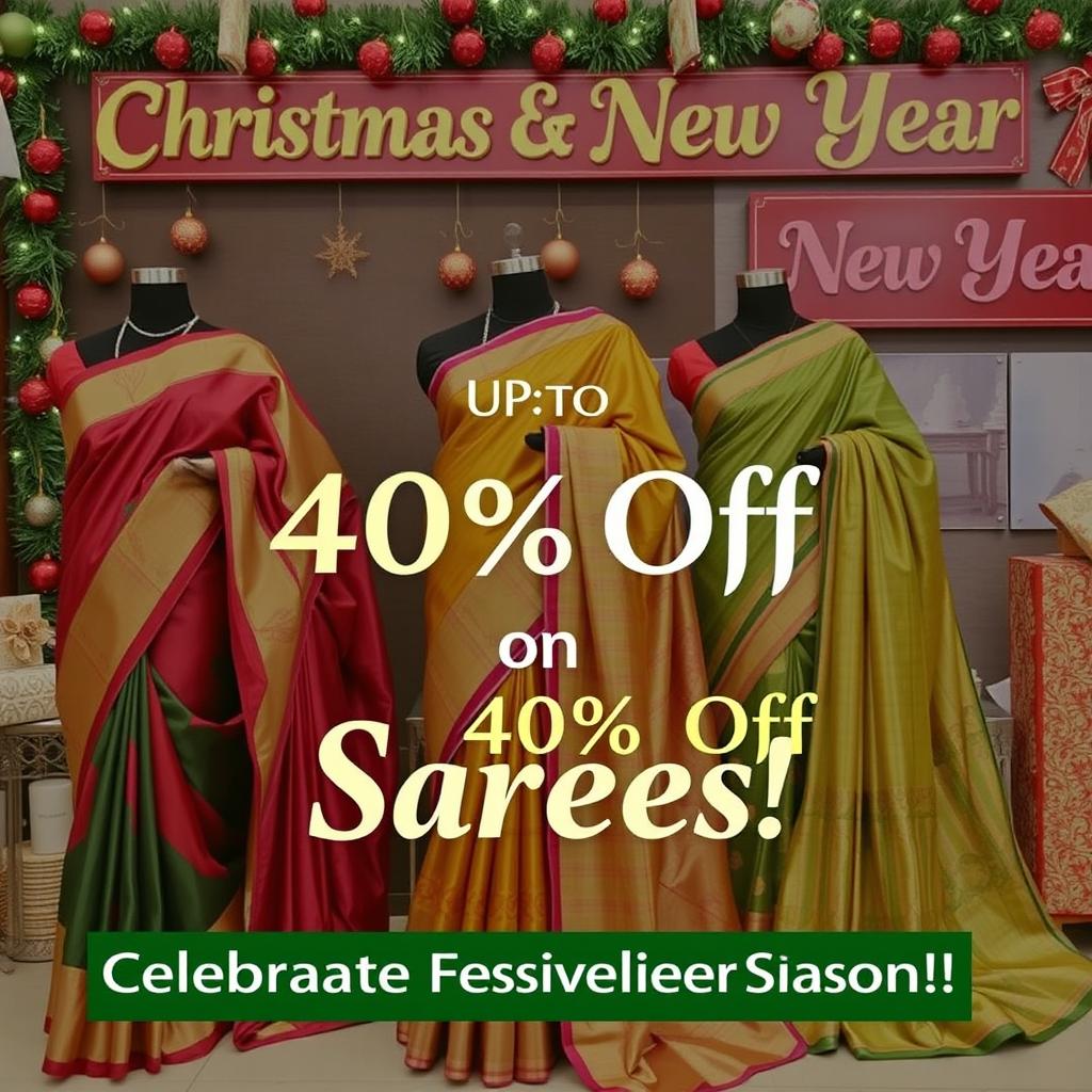 An advertisement promoting a Christmas and New Year sale on sarees with discounts of up to 40%