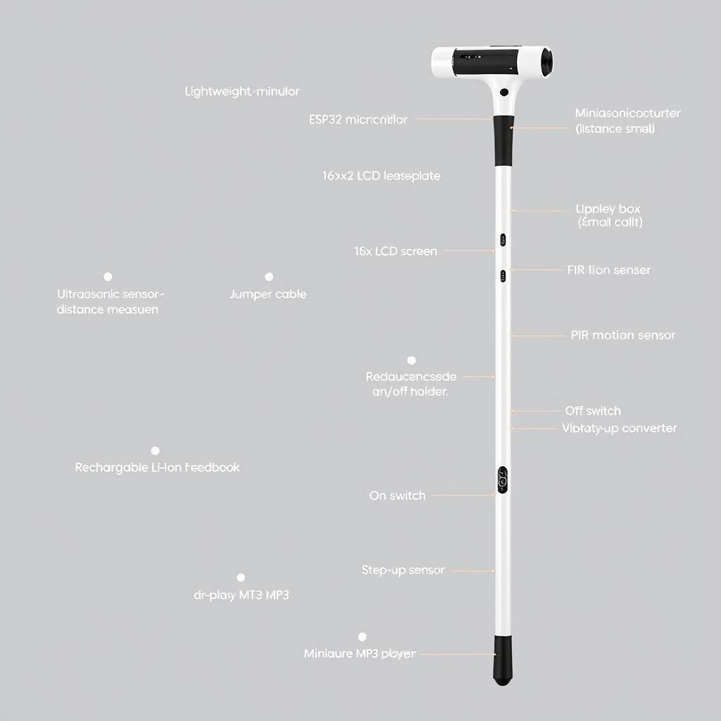 A detailed image of a high-tech white cane designed for visually impaired individuals, showcasing advanced technology integrated seamlessly into the design